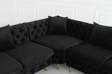 Rocky Chesterfield L-Shape Corner Sofa Set in Luxurious Black Velvet with Gold Legs - UK Luxury Furniture